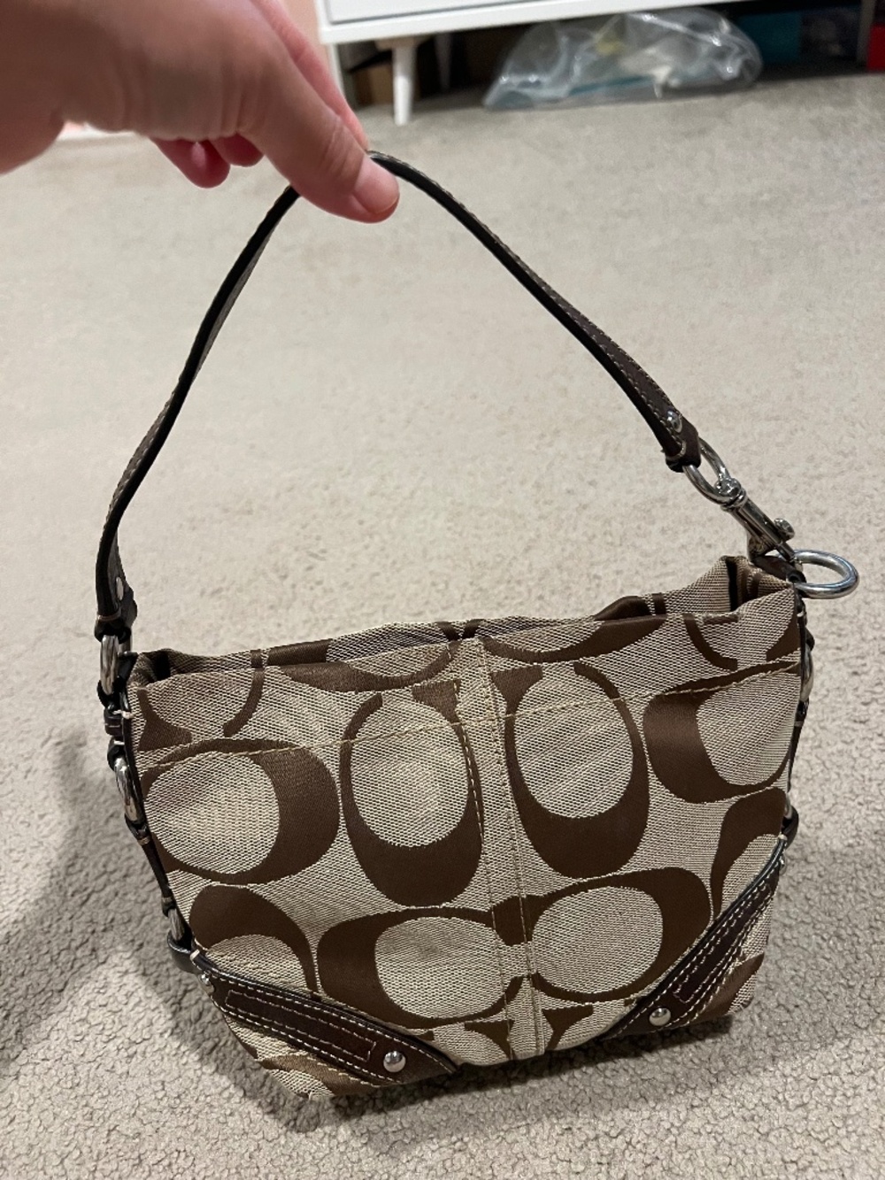 Coach Vintage Y2K Mini Carly Signature Jacquard Brown Leather Trim Shoulder Bag